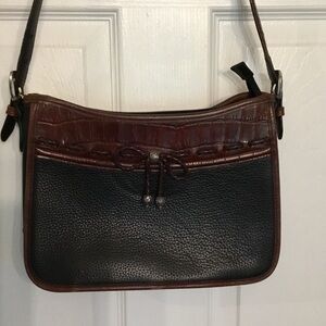 Vtg Brighton Black Pebble Leather Brown Croc Bow Silver‎ Accents Shoulder Bag